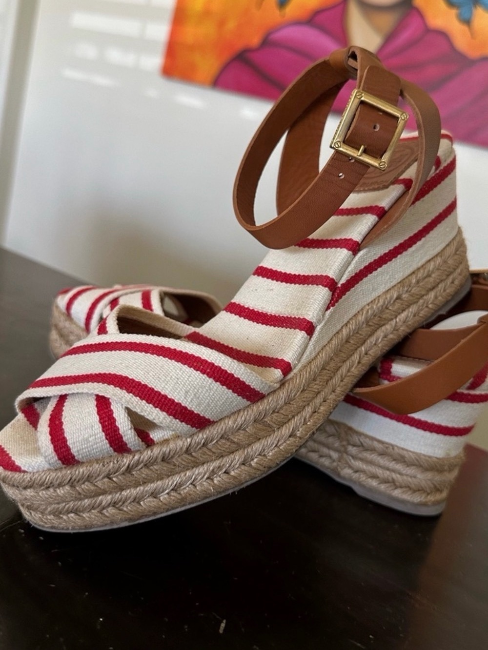 Tory Burch Red and White Striped Espadrille Wedge Sandals with Tan Ankle Strap